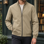 Stand Collar Jacket in Khaki showing the ribbed collar cuffs and hem.