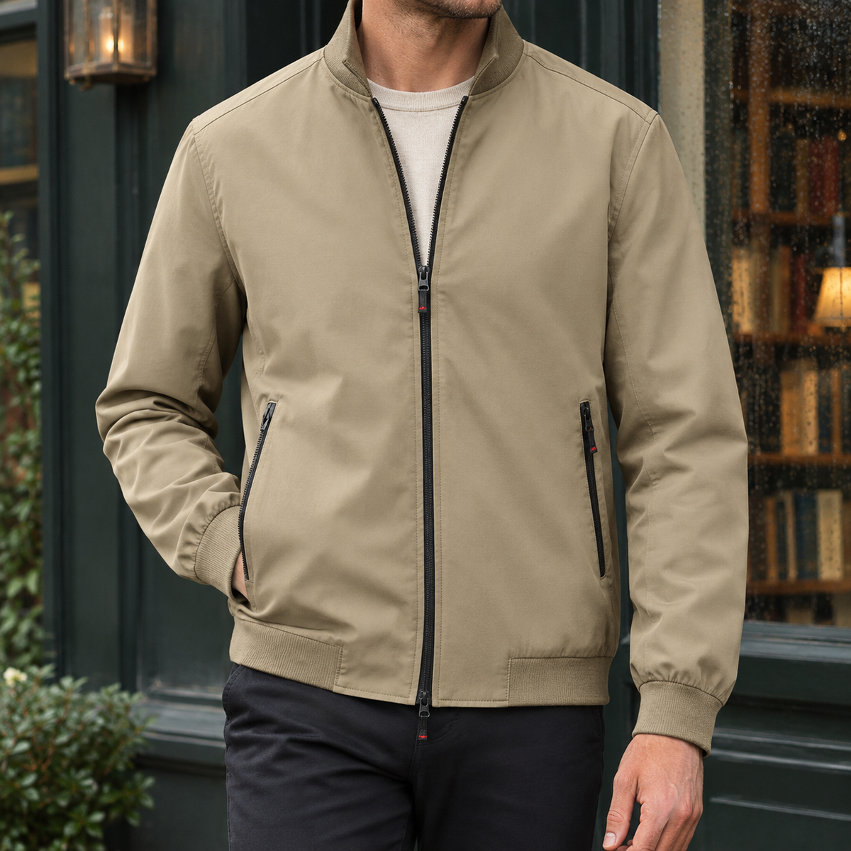 Stand Collar Jacket in Khaki showing the ribbed collar cuffs and hem.