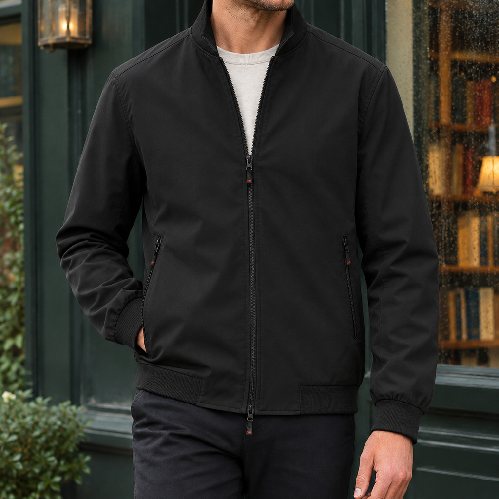 Stand Collar Jacket in Black showing the ribbed collar cuffs and hem.