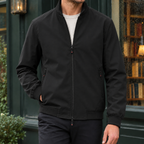Stand Collar Jacket in Black showing the ribbed collar cuffs and hem.