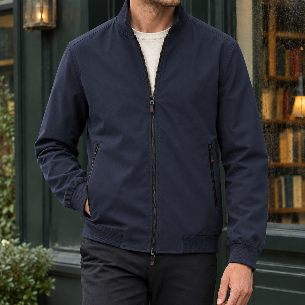 Stand Collar Jacket in Navy Blue showing the ribbed collar cuffs and hem.