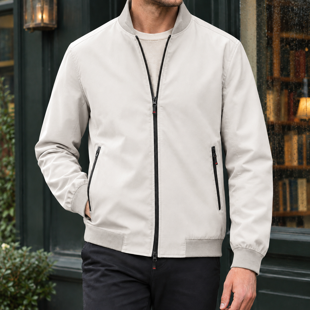 Stand Collar Jacket in Off White showing the ribbed collar cuffs and hem.