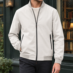 Stand Collar Jacket in Off White showing the ribbed collar cuffs and hem.