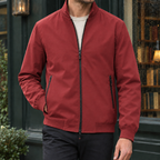 Stand Collar Jacket in Red showing the ribbed collar cuffs and hem.