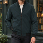 Stand Collar Jacket in Dark Green showing the ribbed collar cuffs and hem.