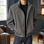 Stand Collar Jacket in Dark Gray showing the structured collar and two way zipper.