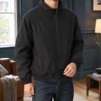 Stand Collar Jacket in Black showing the structured collar and two way zipper.