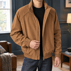 Stand Collar Jacket in Brown showing the structured collar and two way zipper.