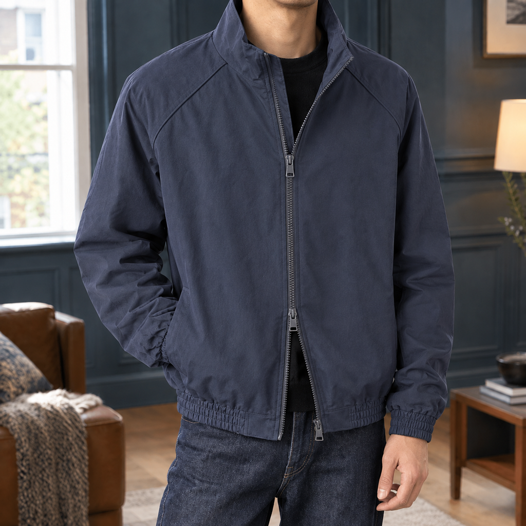 Stand Collar Jacket in Navy Blue showing the structured collar and two way zipper.