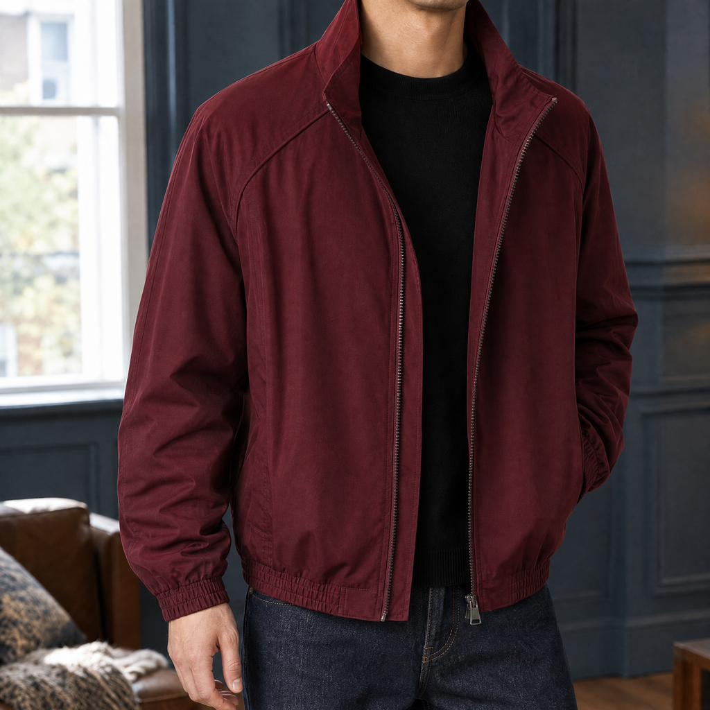 Stand Collar Jacket in Blackish Red showing the structured collar and two way zipper.