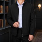Stand-Collar Jacket in Black showing the stand collar and clean full-zip front