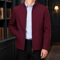 Stand-Collar Jacket in Wine Red showing the stand collar and clean full-zip front