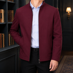 Stand-Collar Jacket in Wine Red showing the stand collar and clean full-zip front