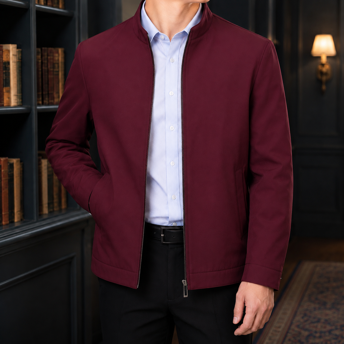 Stand-Collar Jacket in Wine Red showing the stand collar and clean full-zip front