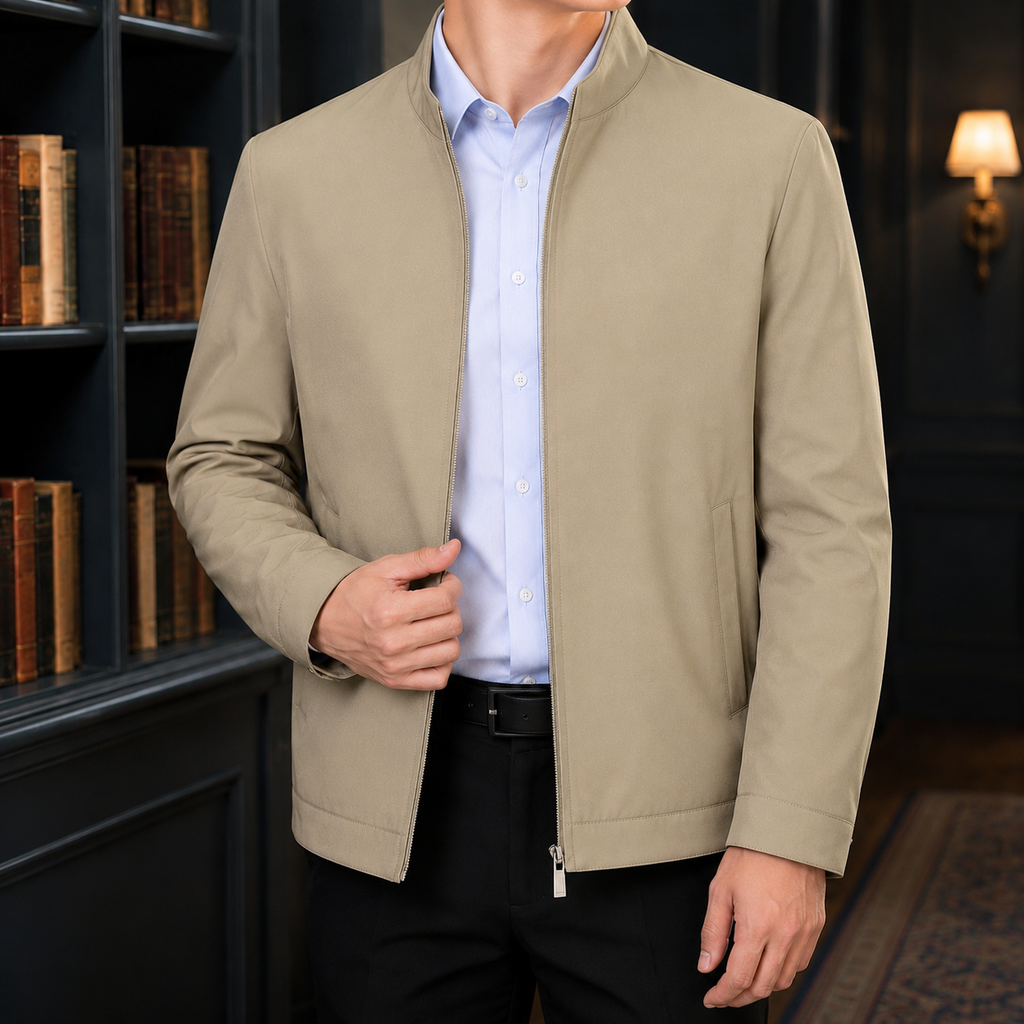 Stand-Collar Jacket in Khaki showing the stand collar and clean full-zip front