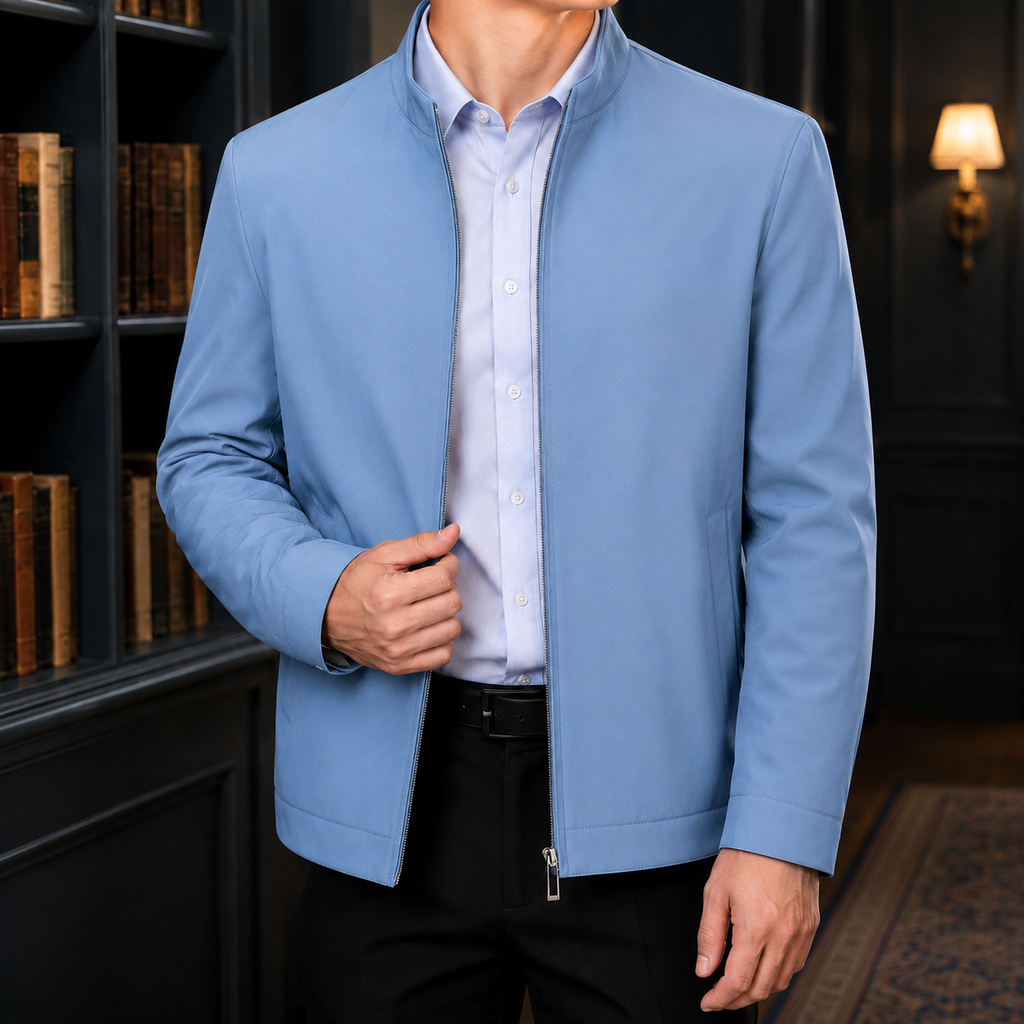 Stand-Collar Jacket in Light Blue showing the stand collar and clean full-zip front