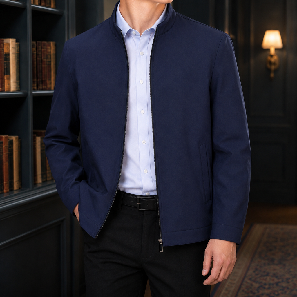 Stand-Collar Jacket in Dark Blue showing the stand collar and clean full-zip front