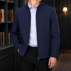 Stand-Collar Jacket in Dark Blue showing the stand collar and clean full-zip front