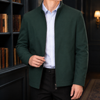 Stand-Collar Jacket in Green showing the stand collar and clean full-zip front