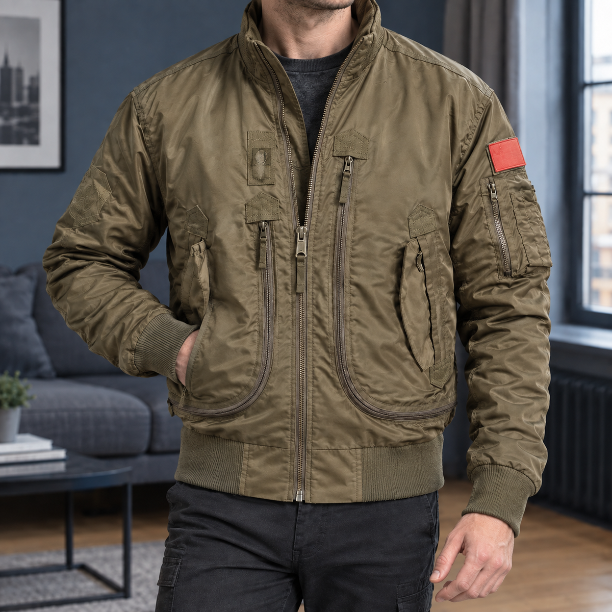 Tactical Jacket in Khaki showing the ribbed trims and multiple zipped pockets.