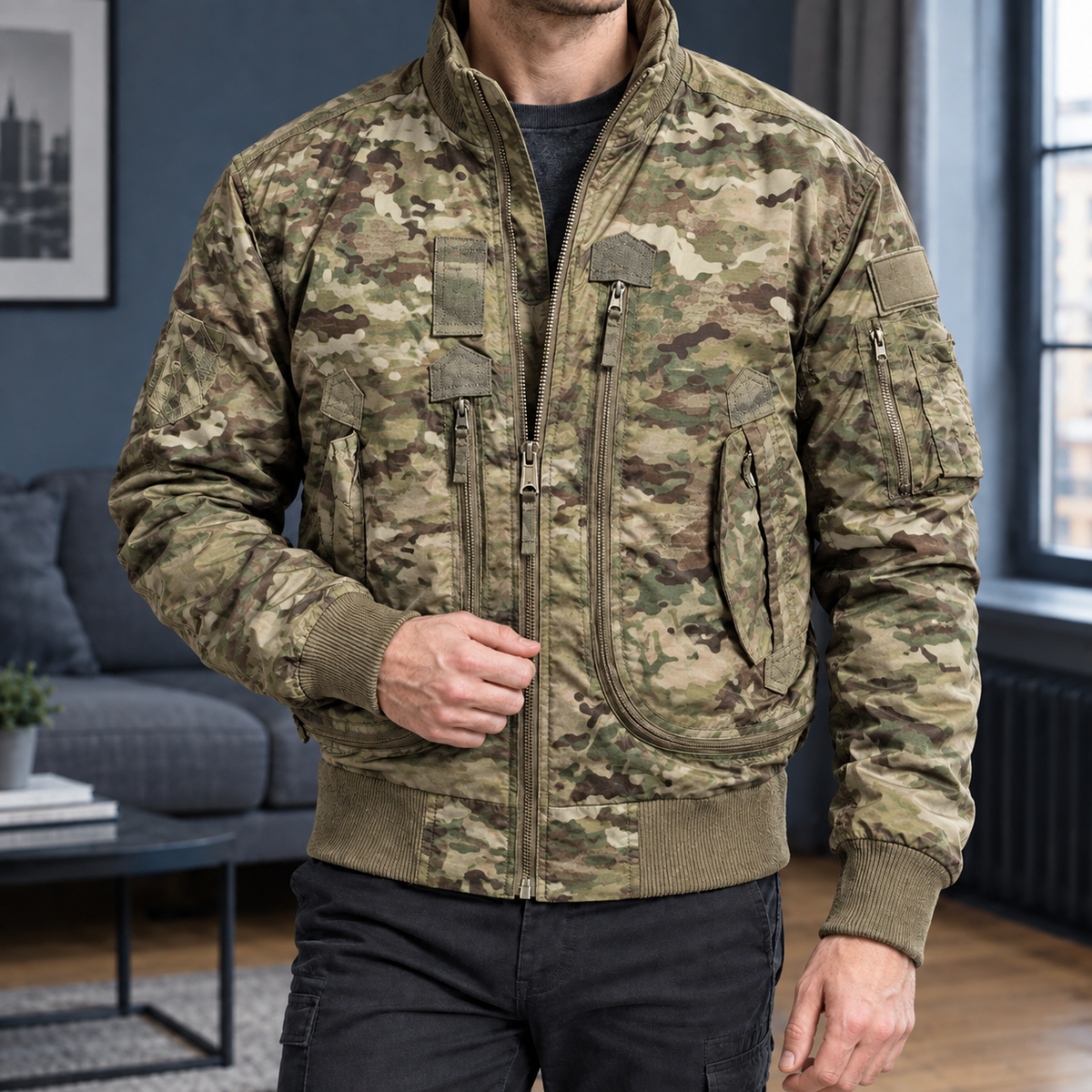Tactical Jacket in Camouflage showing the ribbed trims and multiple zipped pockets.