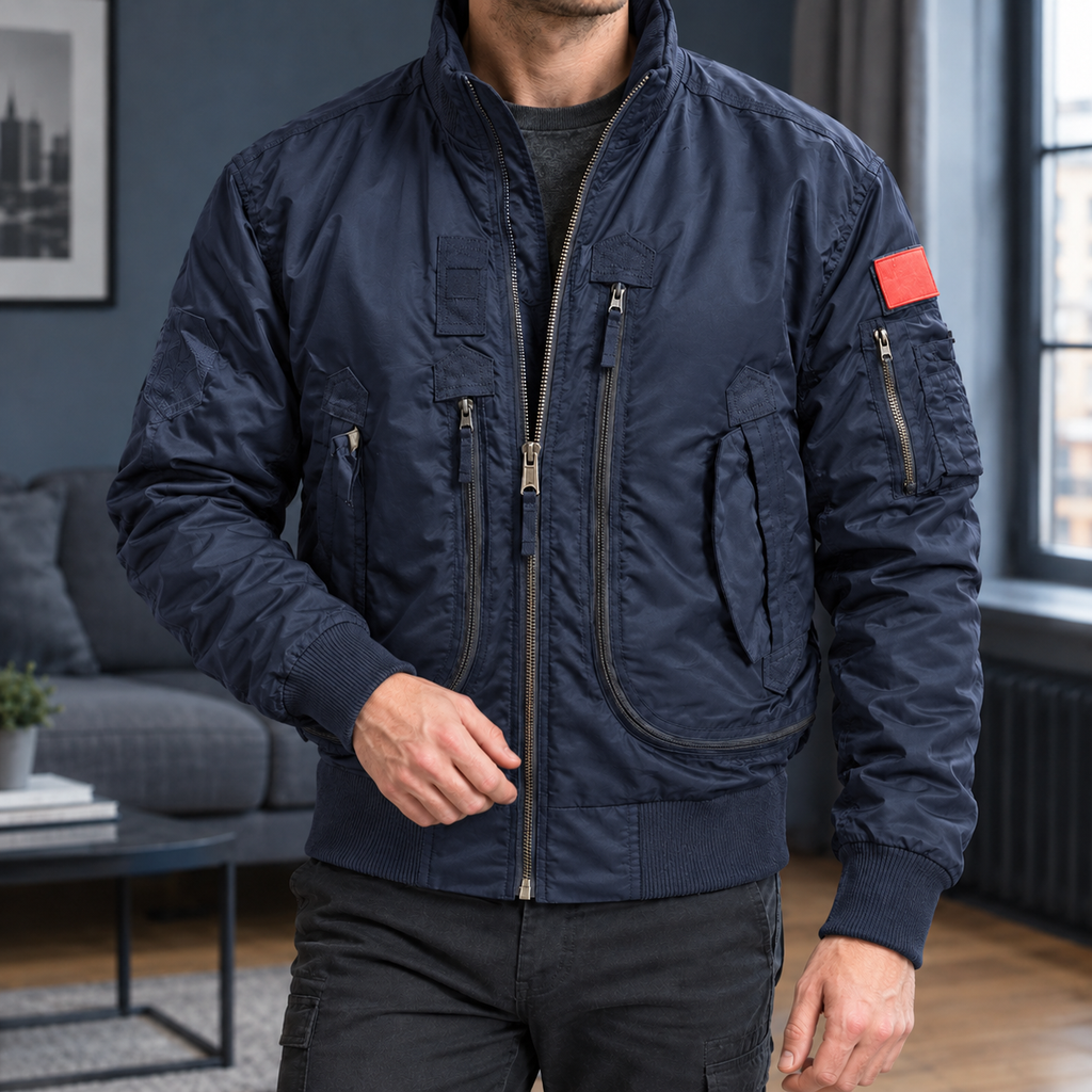 Tactical Jacket in Blue showing the ribbed trims and multiple zipped pockets.