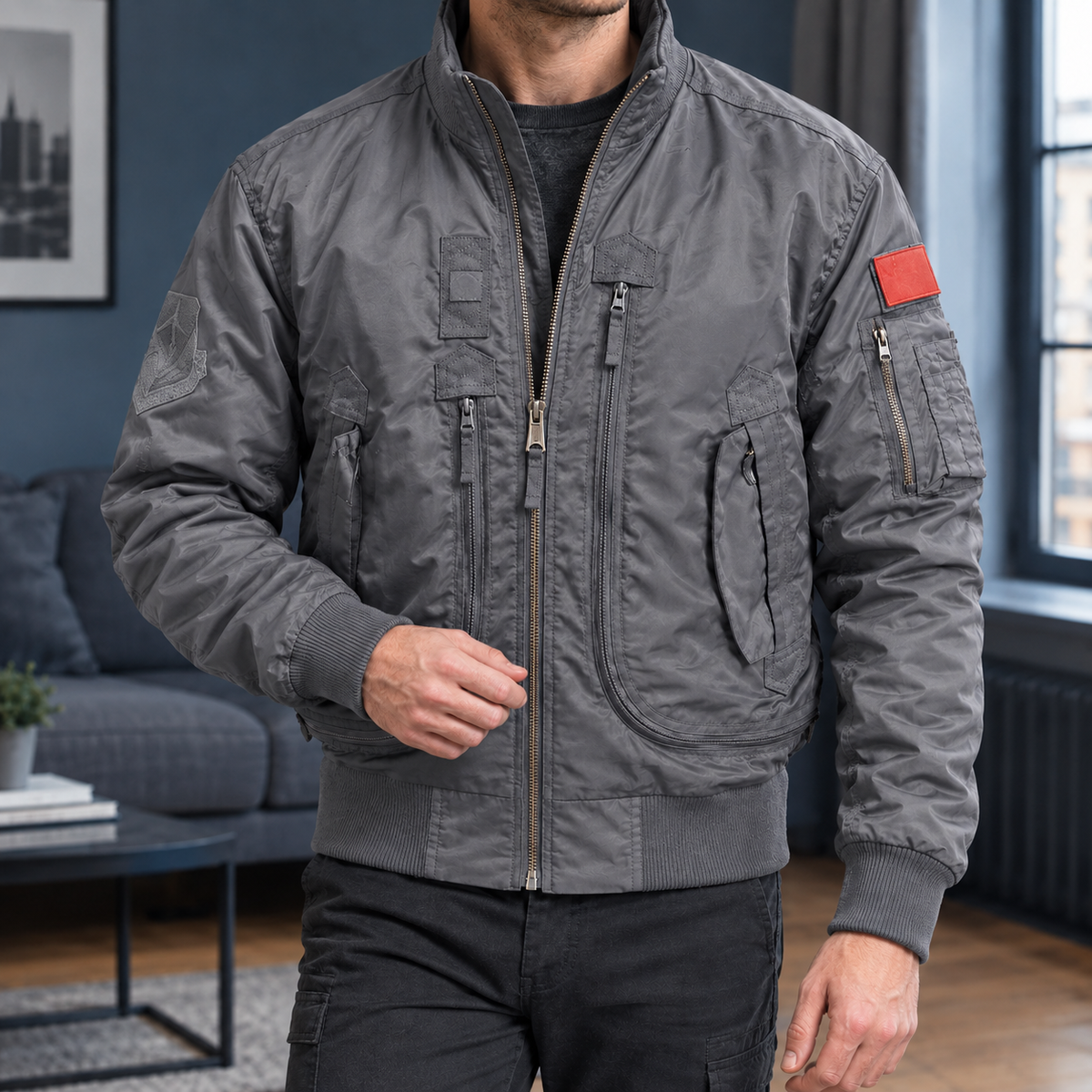 Tactical Jacket in Gray showing the ribbed trims and multiple zipped pockets.