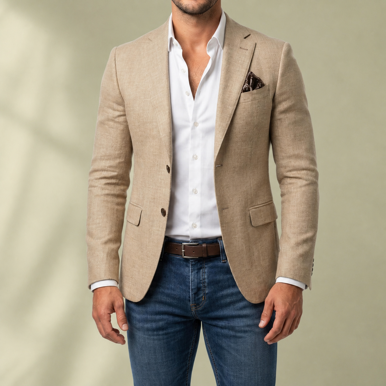 Beige tailored blazer with two buttons, worn over an open white shirt and dark jeans.