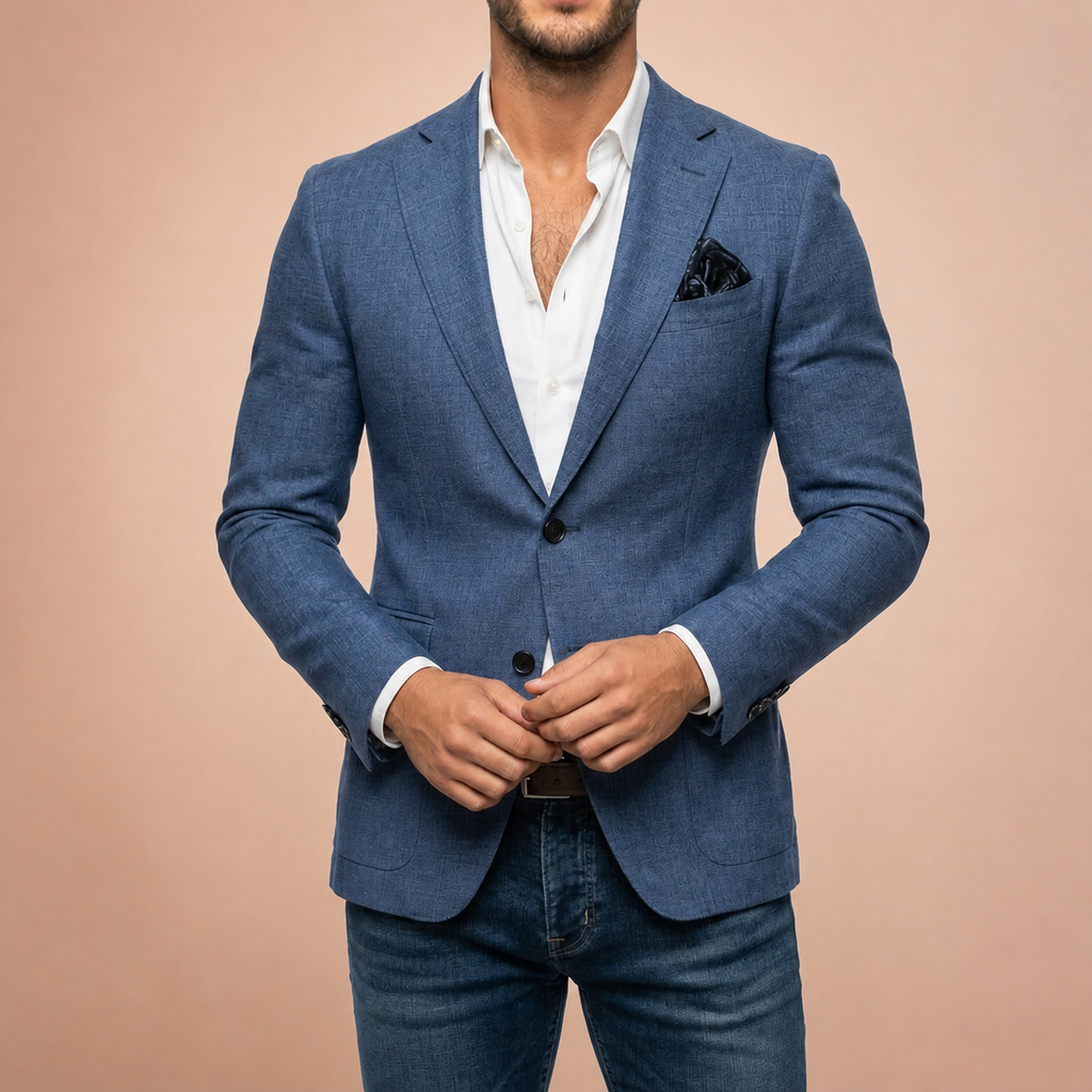 Blue tailored blazer worn over white shirt and jeans, hands fastening jacket