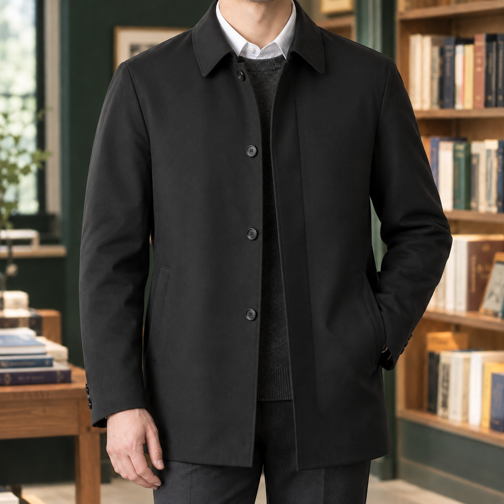 Tailored Jacket in Black showing the pointed collar and single breasted front.
