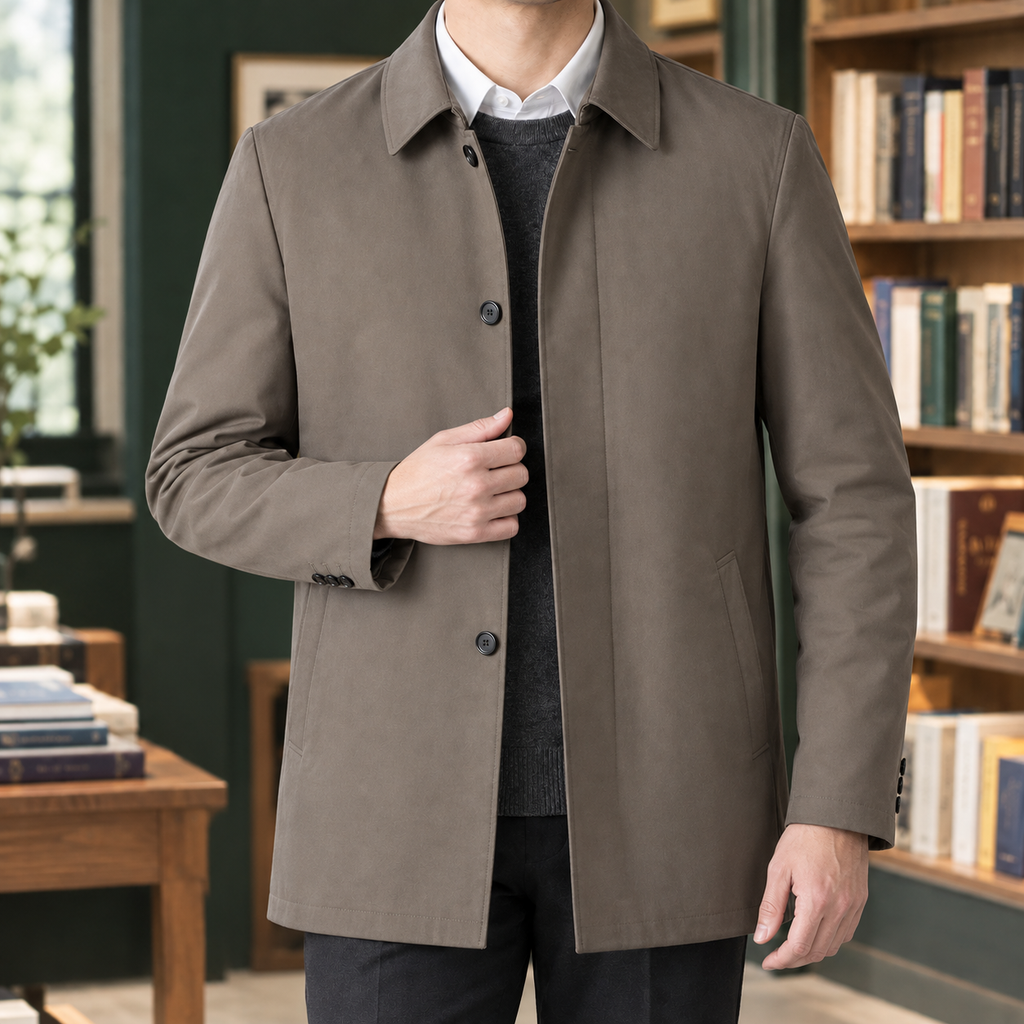 Tailored Jacket in Khaki showing the pointed collar and single breasted front.
