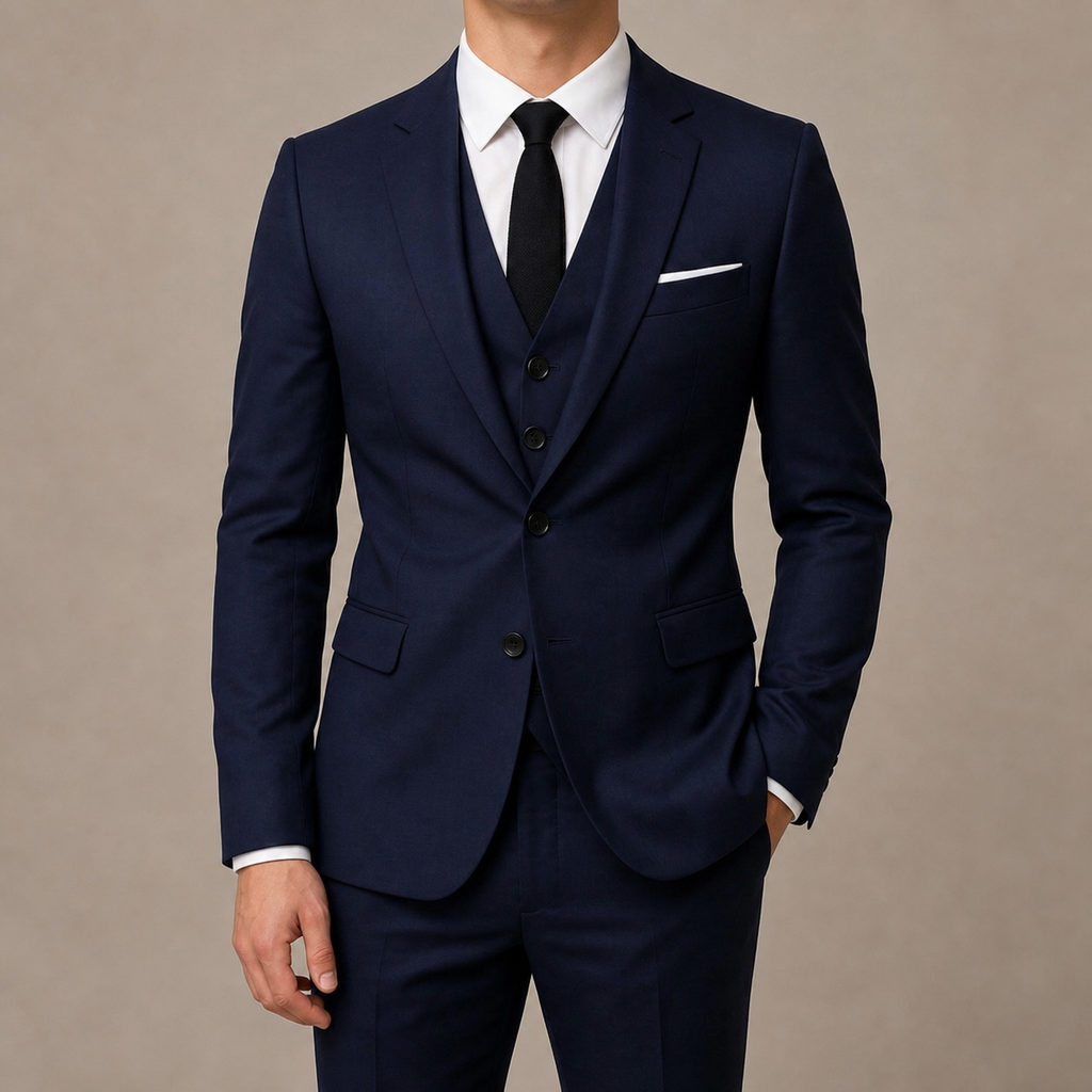 Navy mens tailored suit with matching vest and pants, worn with a white shirt and black tie.