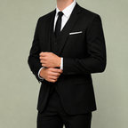 Black three-piece suit with black vest and black tie, white shirt, hands adjusting cuff