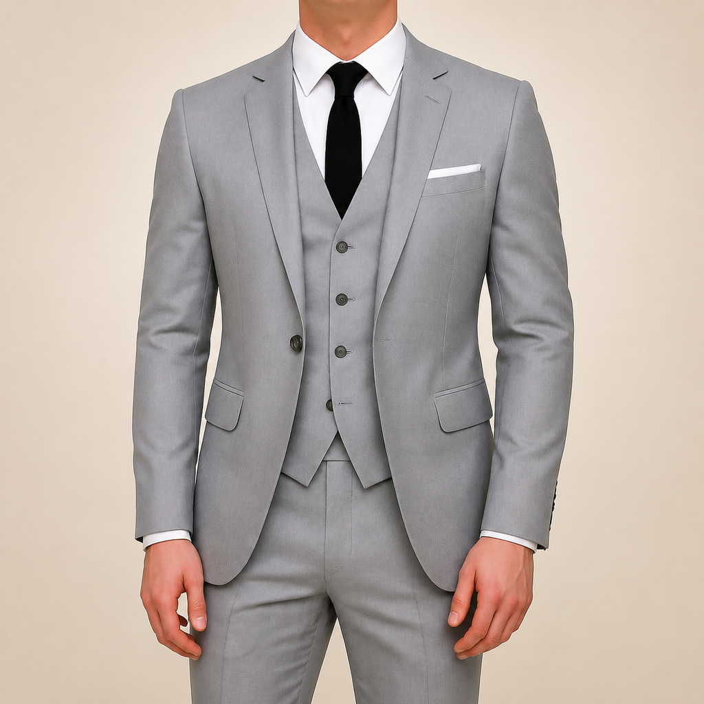 Gray three-piece suit, gray vest, black tie and white shirt, hands down
