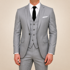 Gray three-piece suit, gray vest, black tie and white shirt, hands down