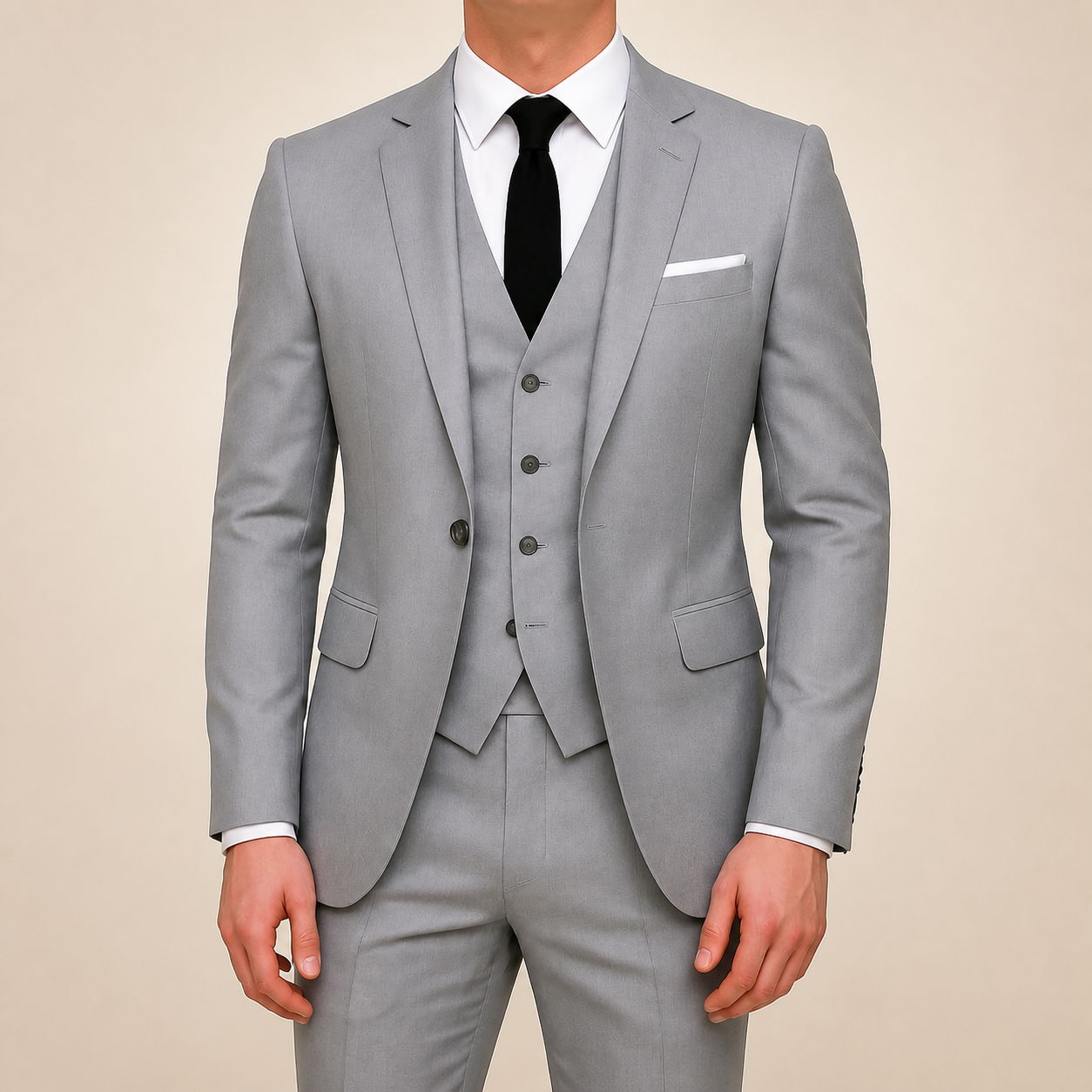 Gray three-piece suit, gray vest, black tie and white shirt, hands down