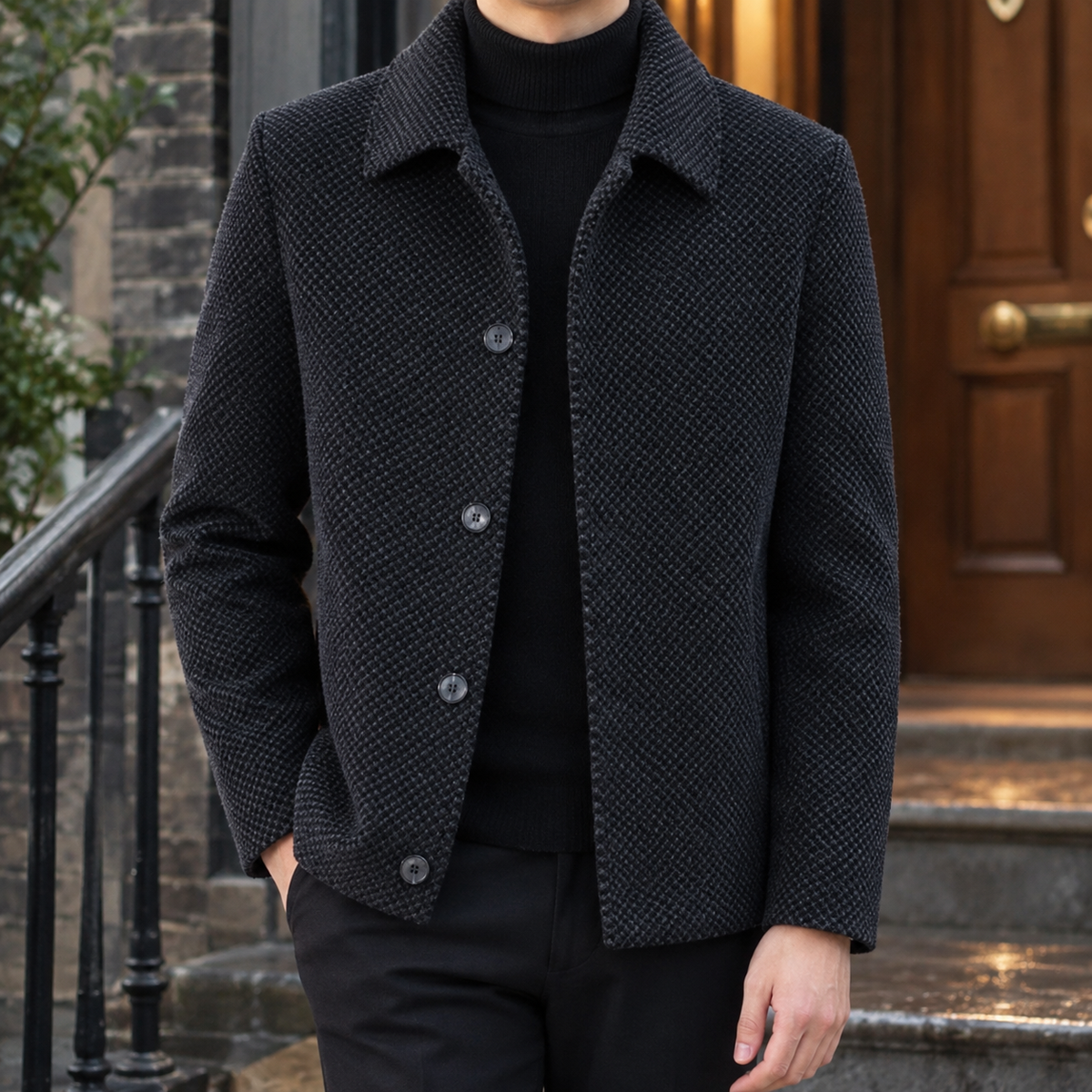 Textured Jacket in Black showing the raised geometric texture and pointed collar.