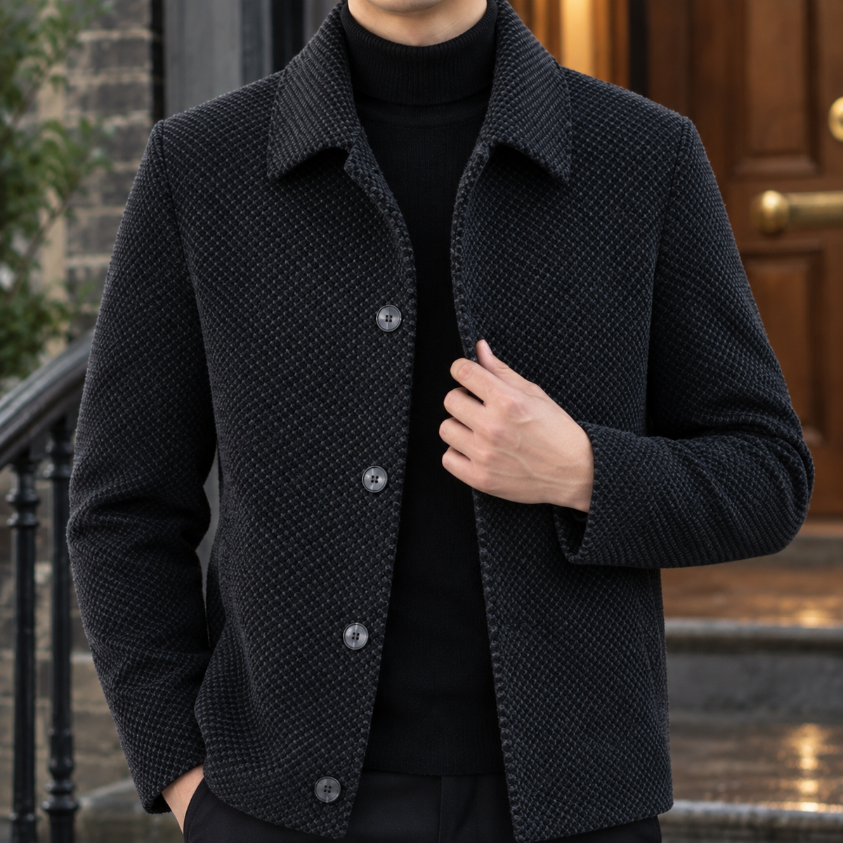 Textured Jacket detail view 2 showing the raised geometric texture and pointed collar.