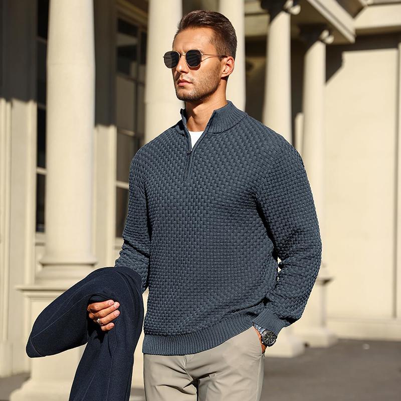 Men's Textured Quarter Zip Pullover | Cotton Blend Basket Knit - image 1