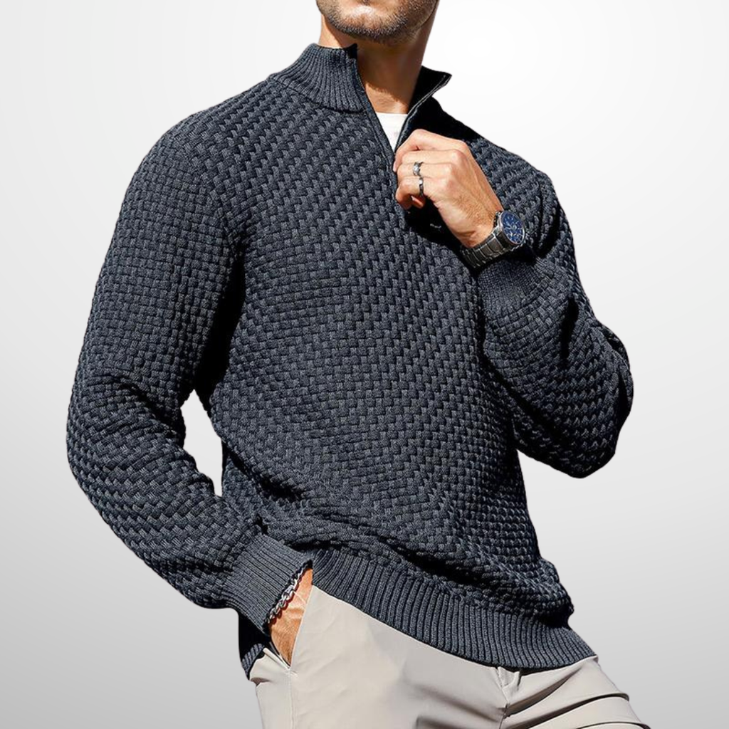 Men's Textured Quarter Zip Pullover | Cotton Blend Basket Knit - image 3