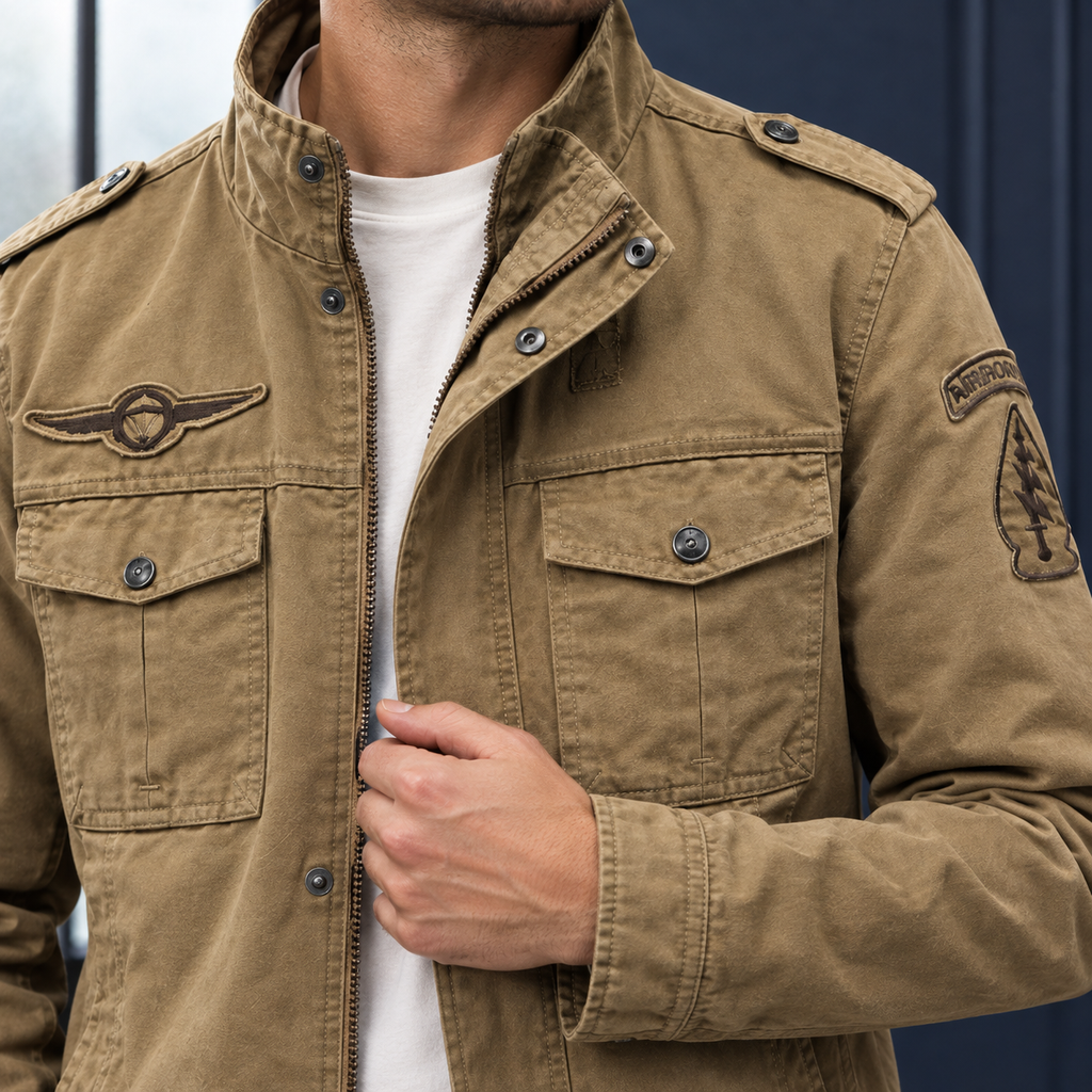 Utility Jacket detail view 2 showing the snap flap pockets and layered front closure.