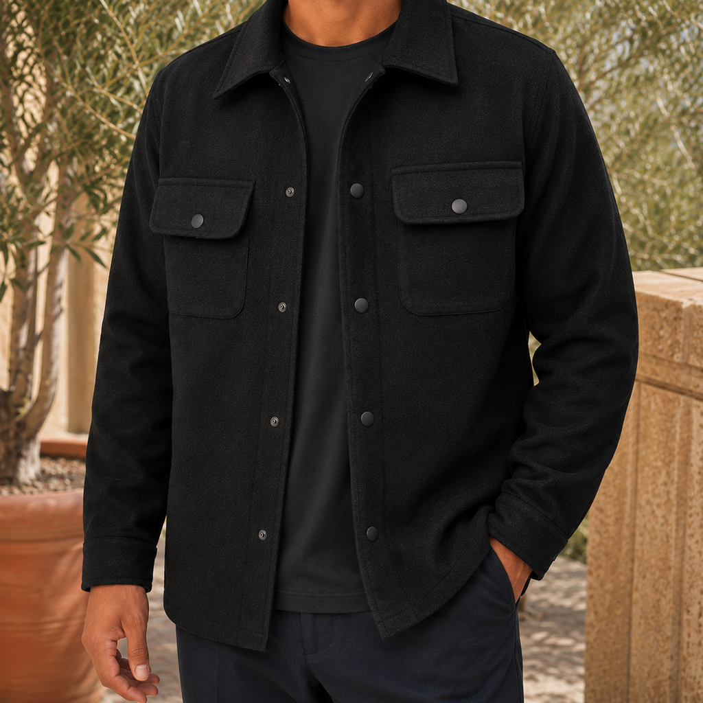 Jacket in Black showing the snap front and flap chest pockets