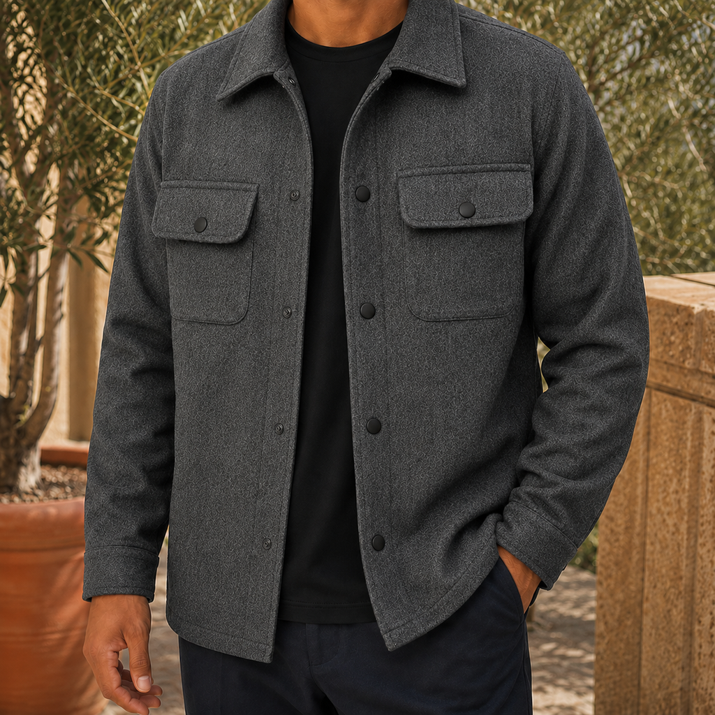 Jacket in Dark Gray showing the snap front and flap chest pockets