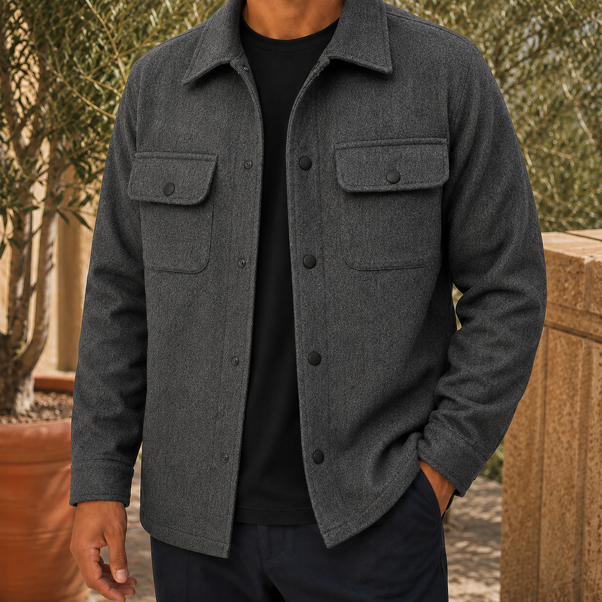 Jacket in Dark Gray showing the snap front and flap chest pockets