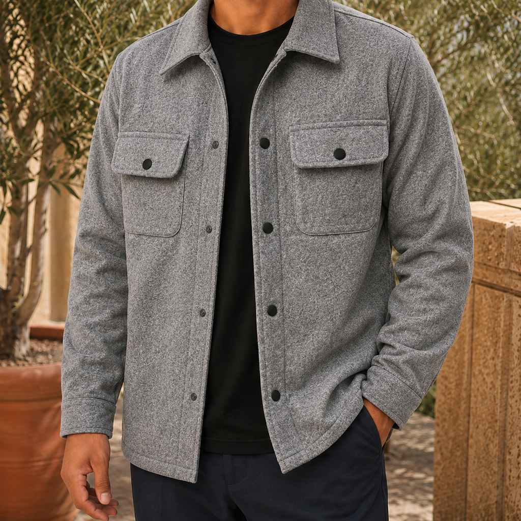 Jacket in Gray showing the snap front and flap chest pockets