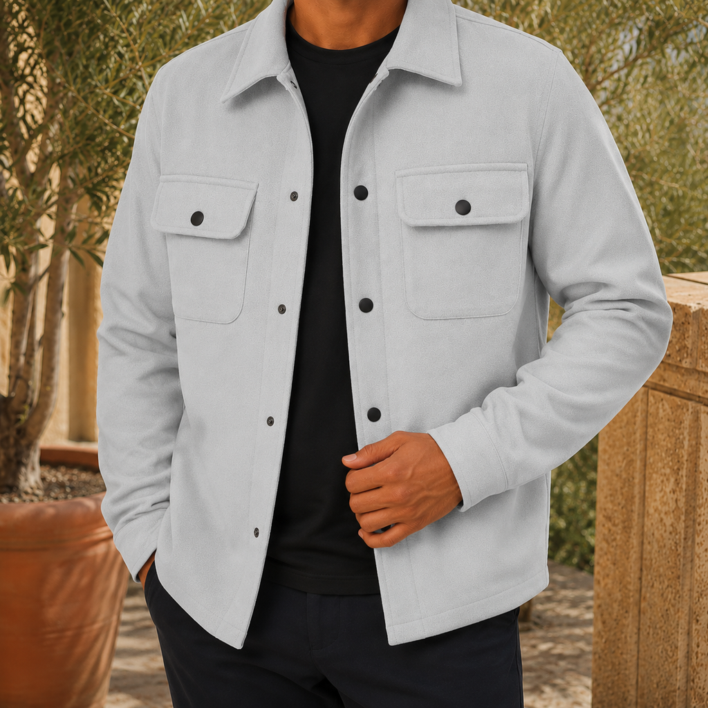 Jacket in Light Gray showing the snap front and flap chest pockets