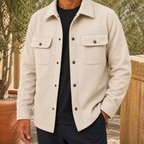 Jacket in Light Beige showing the snap front and flap chest pockets