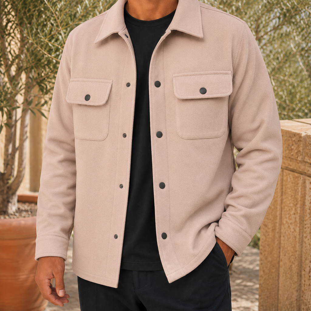 Jacket in Dark Beige showing the snap front and flap chest pockets