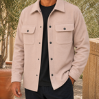 Jacket in Dark Beige showing the snap front and flap chest pockets