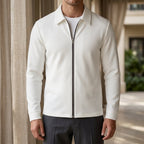 Zip Jacket in White showing the fine waffle texture and pointed collar